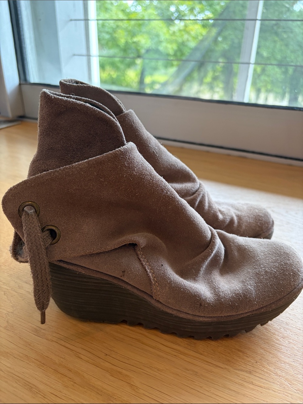 Fly London Taupe Suede Wedge Ankle Boots